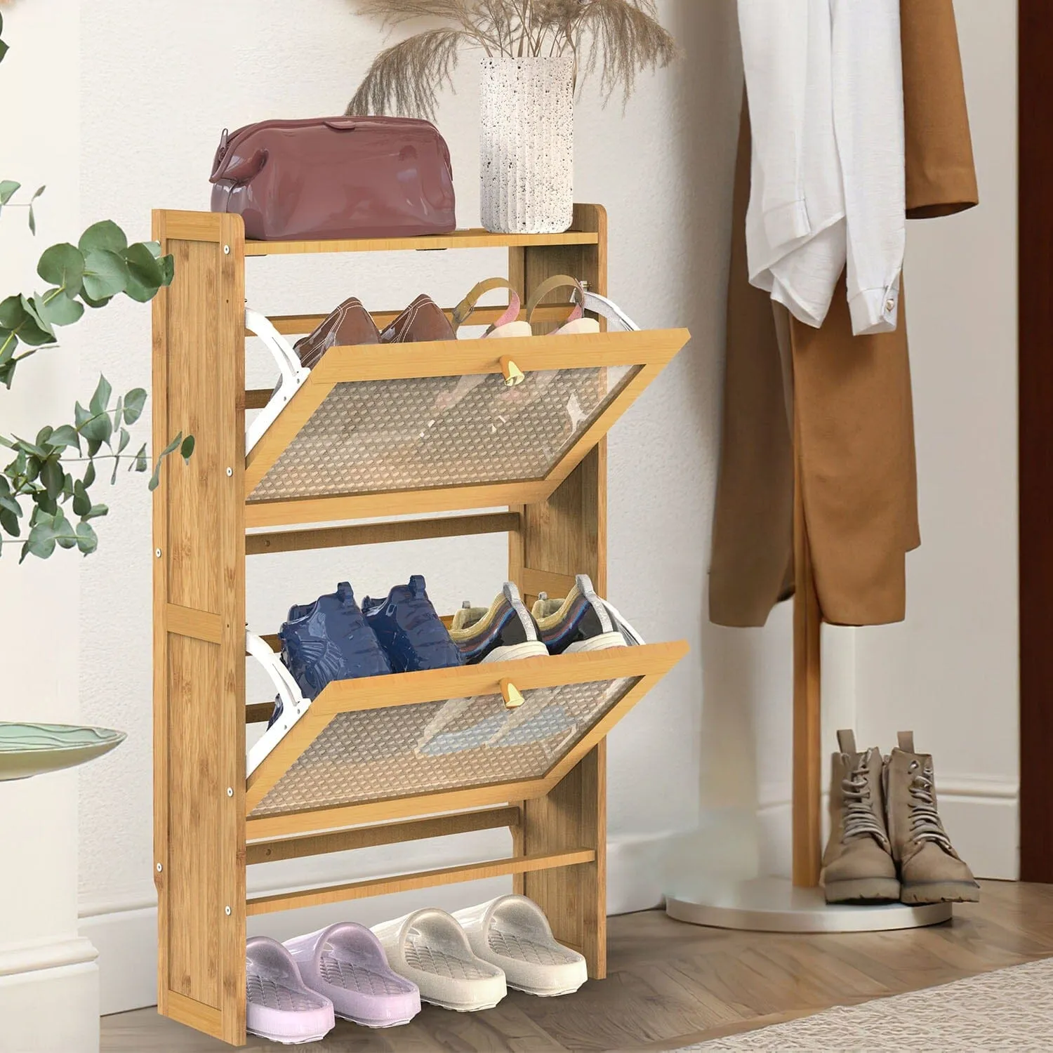 2-Tier Shoe Cabinet with 2 Flip Drawers Slim Bamboo Rack Narrow Shoe Organizer