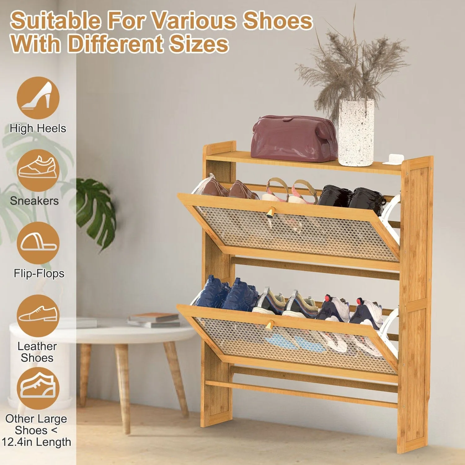 2-Tier Shoe Cabinet with 2 Flip Drawers Slim Bamboo Rack Narrow Shoe Organizer