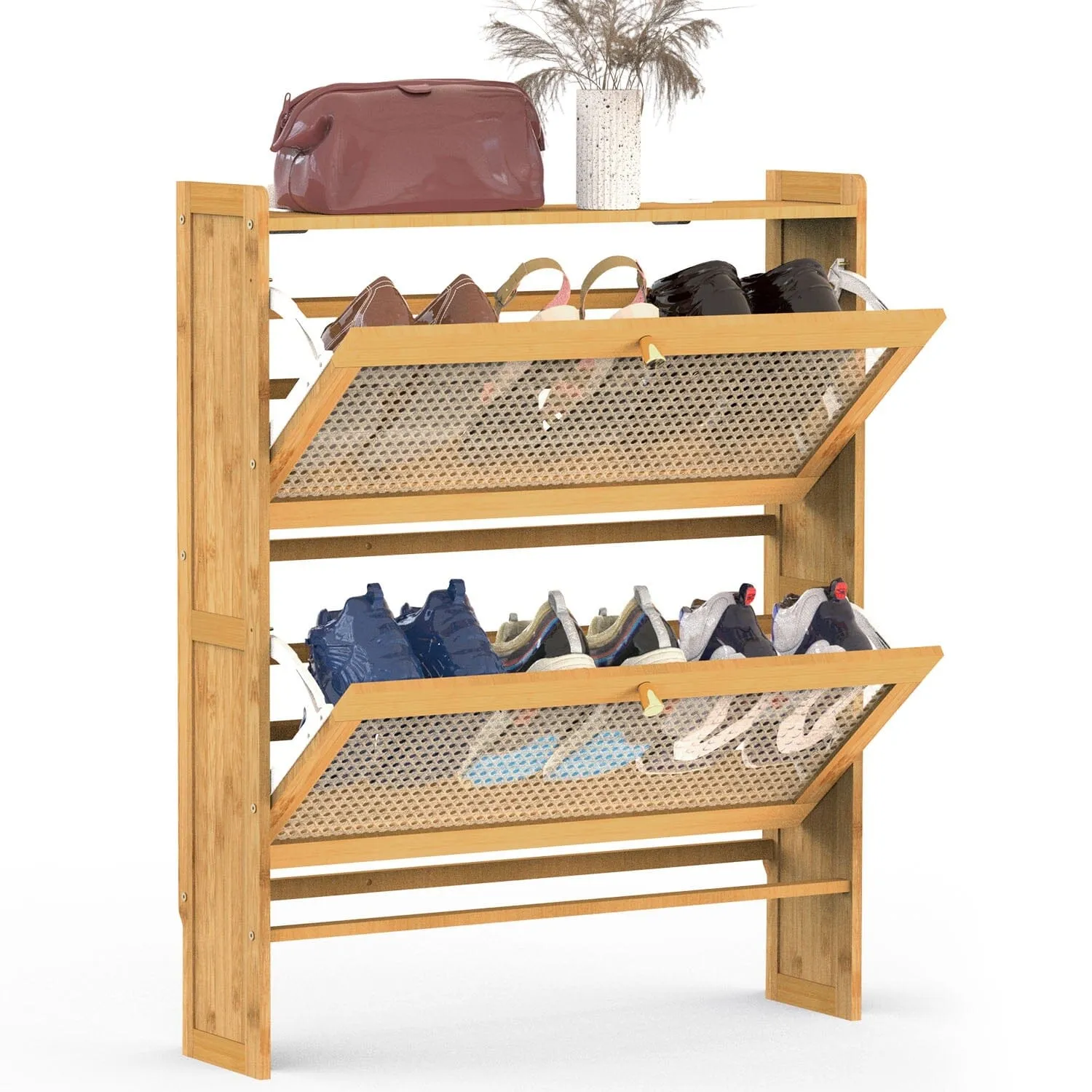 2-Tier Shoe Cabinet with 2 Flip Drawers Slim Bamboo Rack Narrow Shoe Organizer