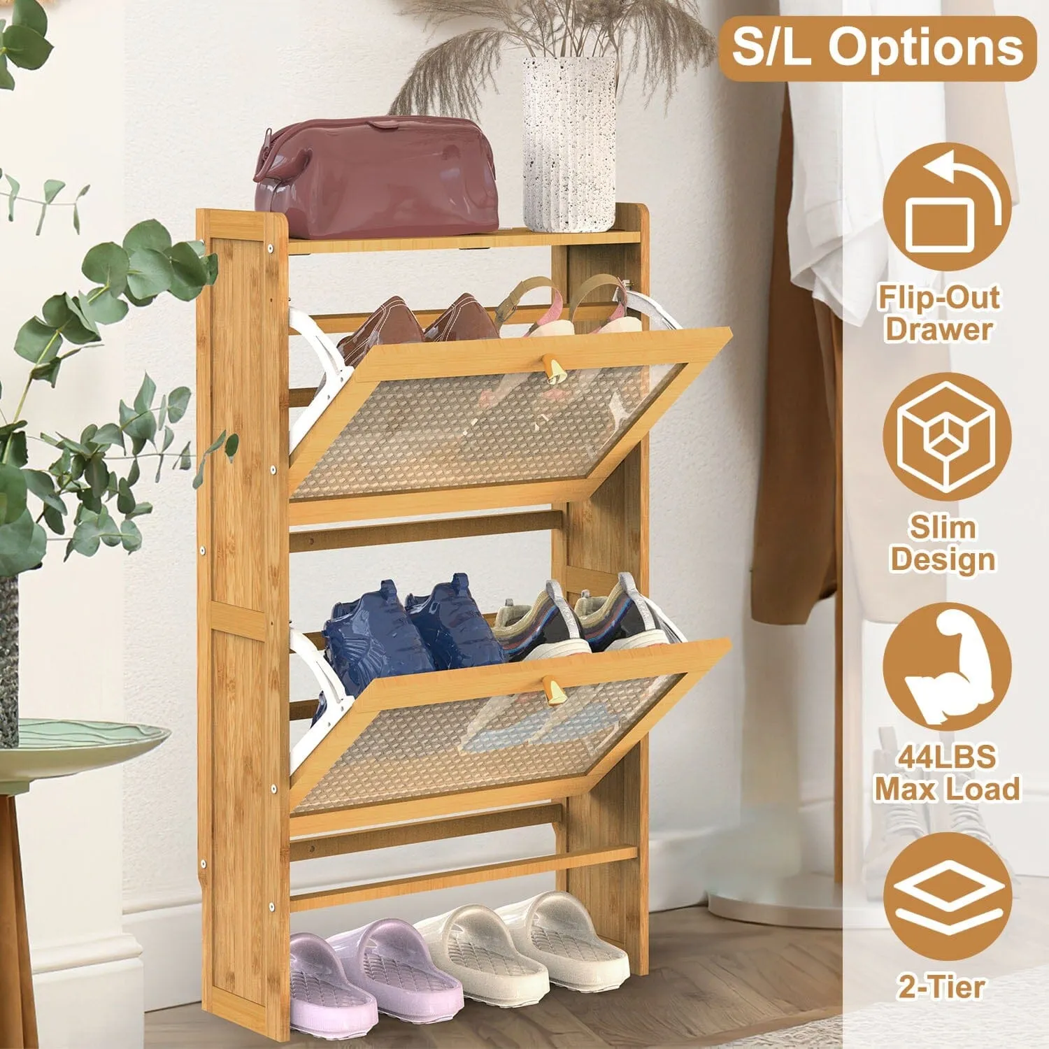 2-Tier Shoe Cabinet with 2 Flip Drawers Slim Bamboo Rack Narrow Shoe Organizer