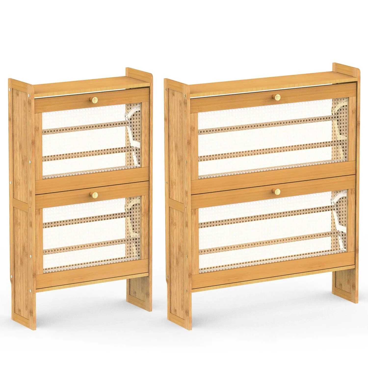 2-Tier Shoe Cabinet with 2 Flip Drawers Slim Bamboo Rack Narrow Shoe Organizer