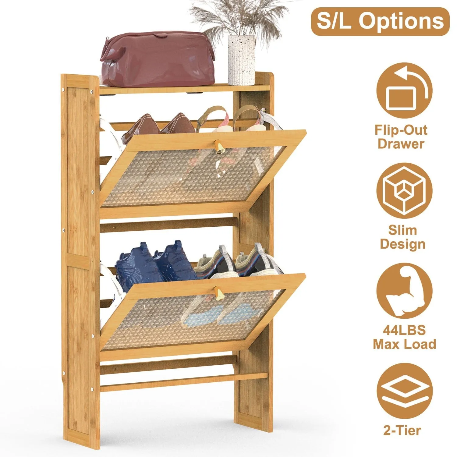 2-Tier Shoe Cabinet with 2 Flip Drawers Slim Bamboo Rack Narrow Shoe Organizer