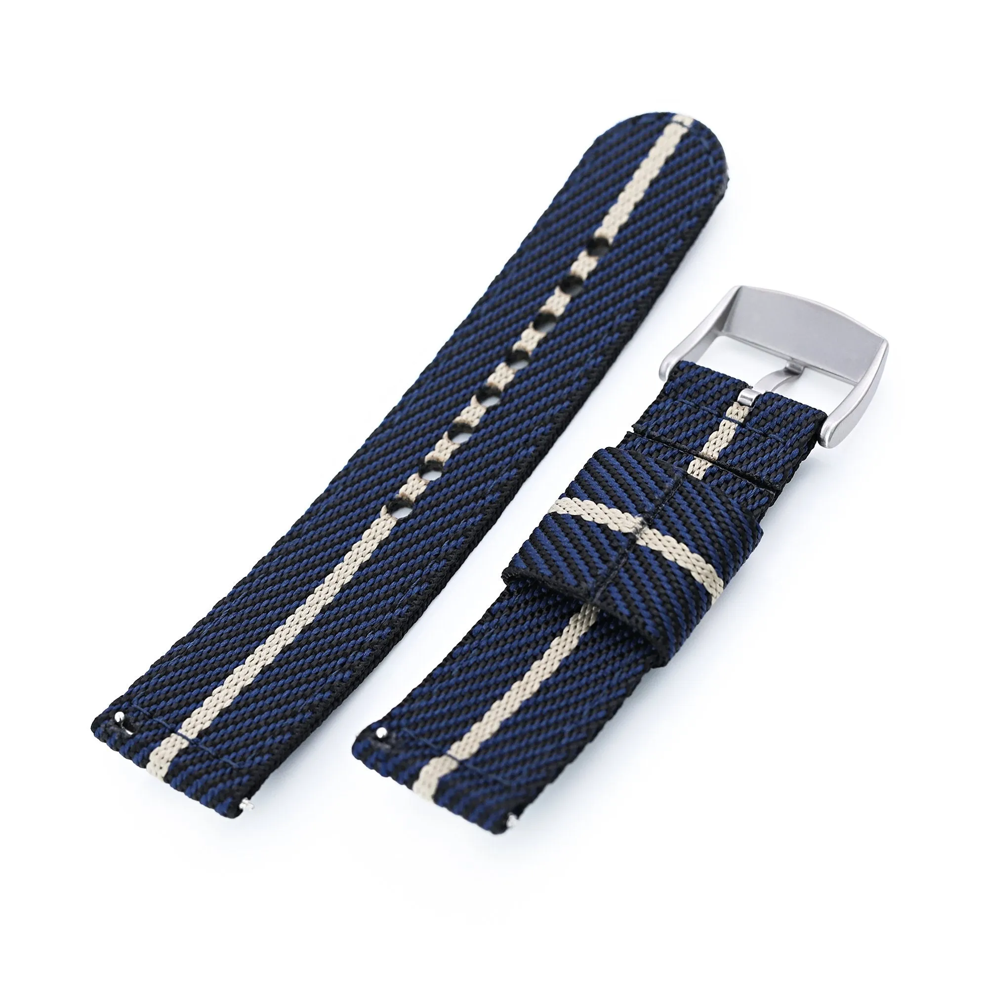 22mm 2-pcs Nylon Watch Band, Quick Release, Blue & Khaki, Brushed Buckle