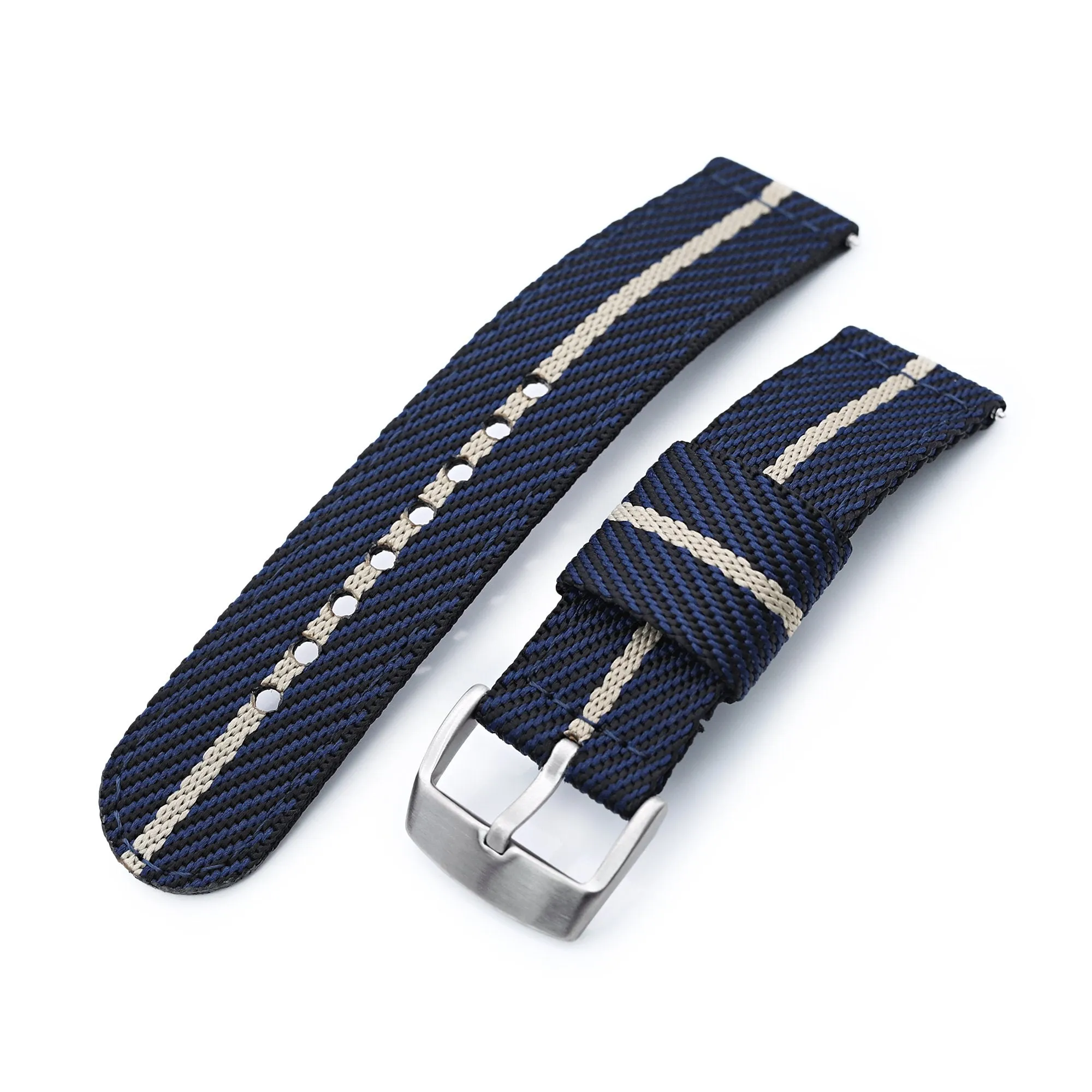 22mm 2-pcs Nylon Watch Band, Quick Release, Blue & Khaki, Brushed Buckle