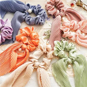 9pcs Women's Hair Band Satin Ponytail Ribbon Pearl Pendant