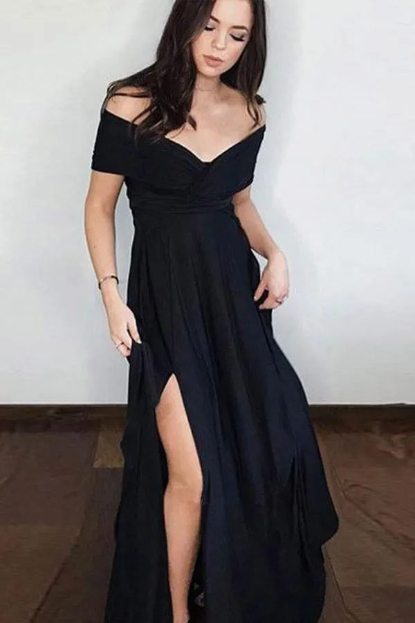 A Line Off the Shoulder Side Split Black Satin Black Long Prom Dresses PG794