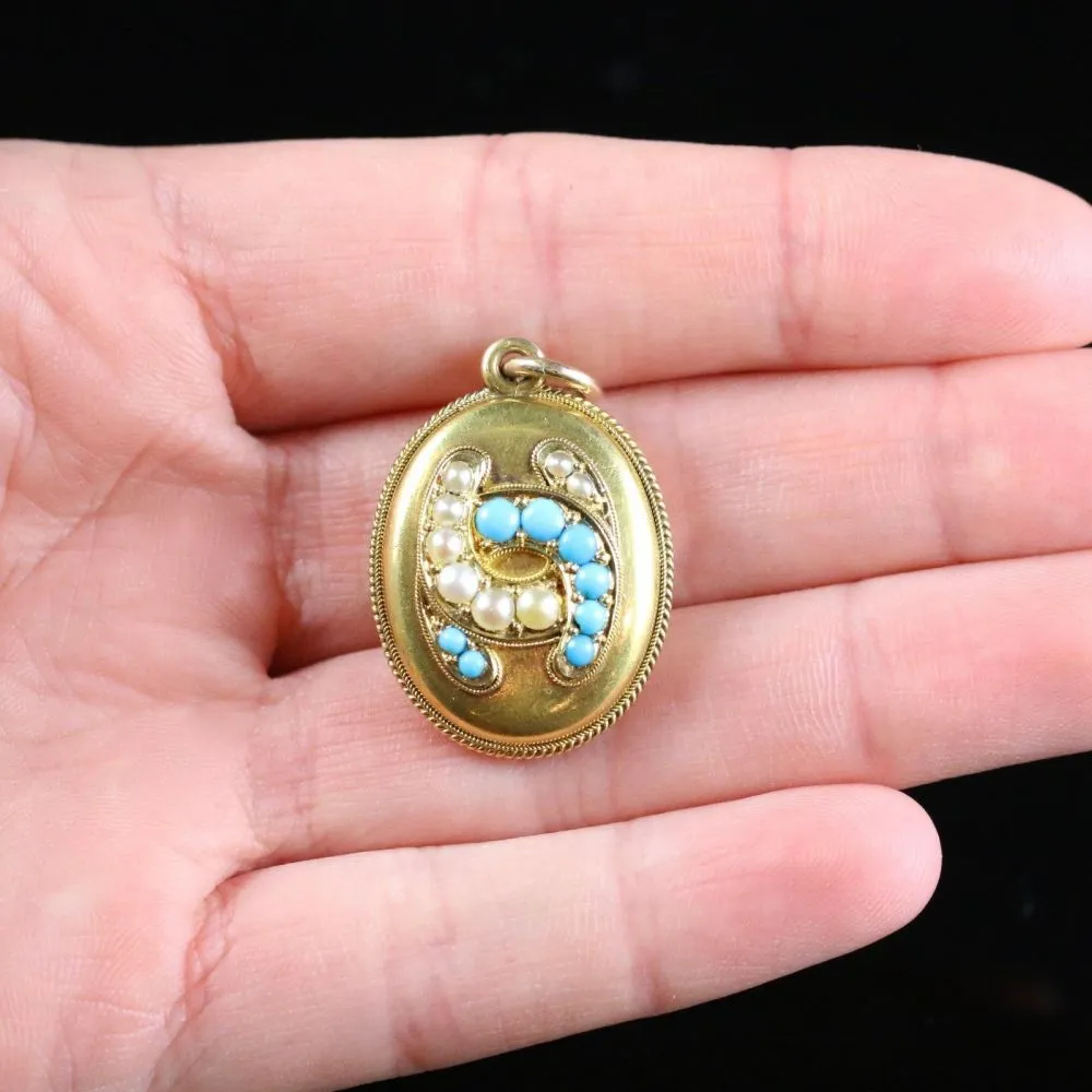 Antique Victorian Turquoise Pearl Locket 18Ct Gold  Horse Shoe