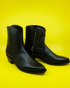 Black Cowhide Leather Western Side Zip Boots