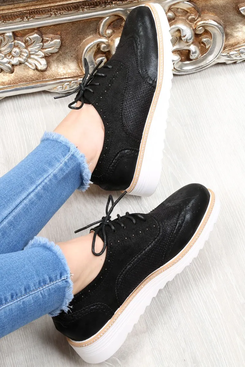 Black Faux Suede Lace Up Wedged Brogue Trainers - Tonya