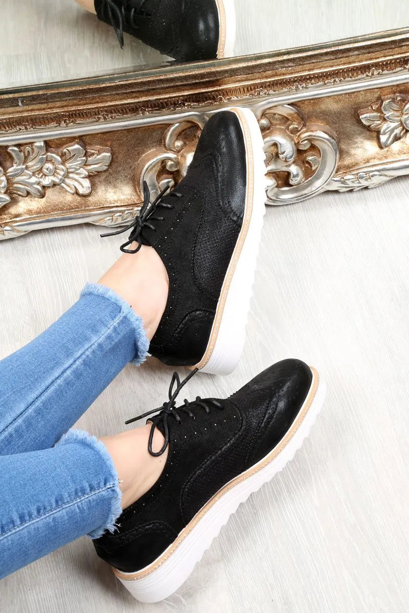 Black Faux Suede Lace Up Wedged Brogue Trainers - Tonya