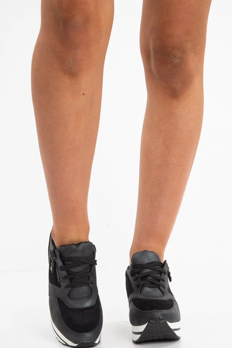 Black Shimmer Platform Trainers with Zip Detail - Sharnie