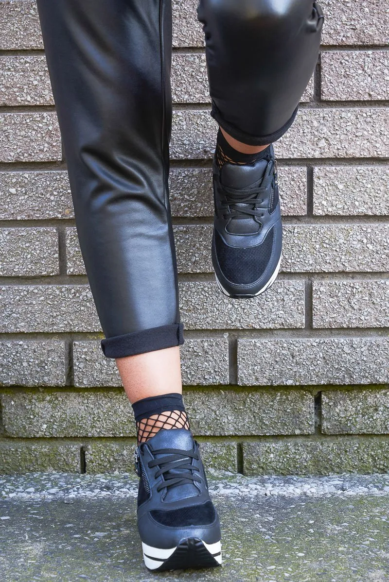 Black Shimmer Platform Trainers with Zip Detail - Sharnie