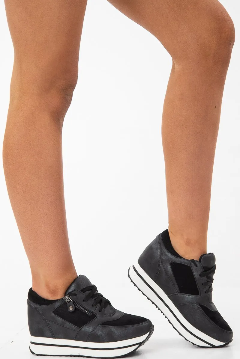 Black Shimmer Platform Trainers with Zip Detail - Sharnie