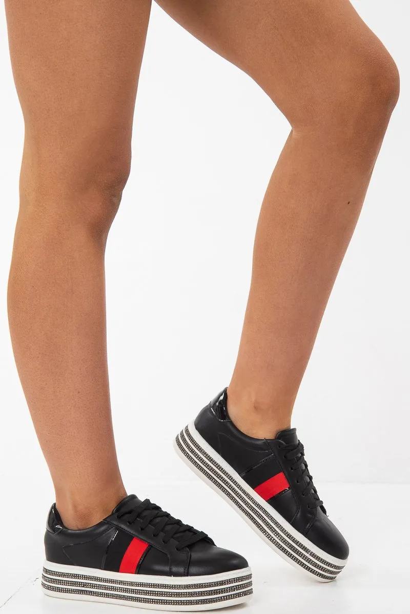 Black Side Stripe Trainers with Diamante Platform Sole - Latia