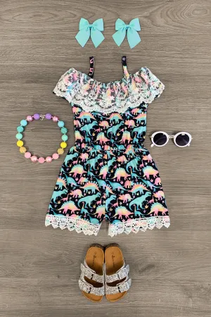 Colorful Dinosaur Lace Cold Shoulder Romper