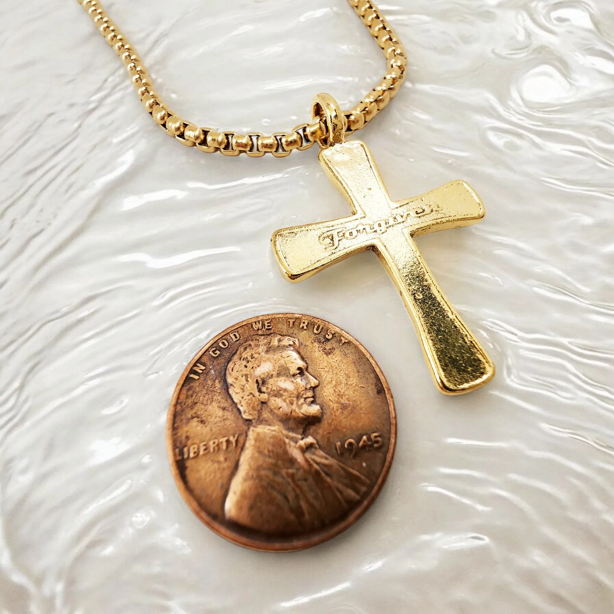 Forgiven Cross Gold Metal Finish Gold Heavy Chain Necklace