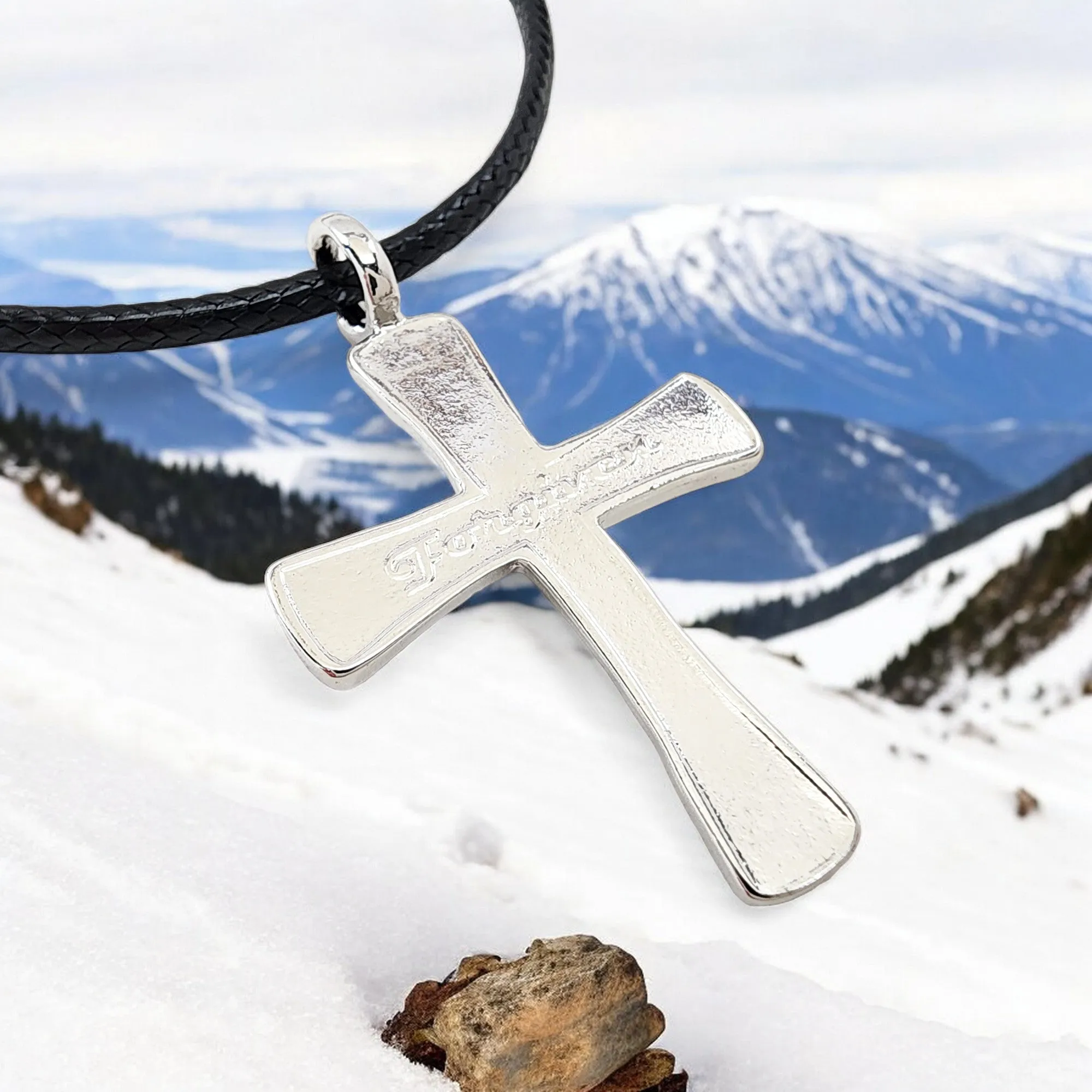 Forgiven Cross Rhodium Metal Finish Black Cord Necklace