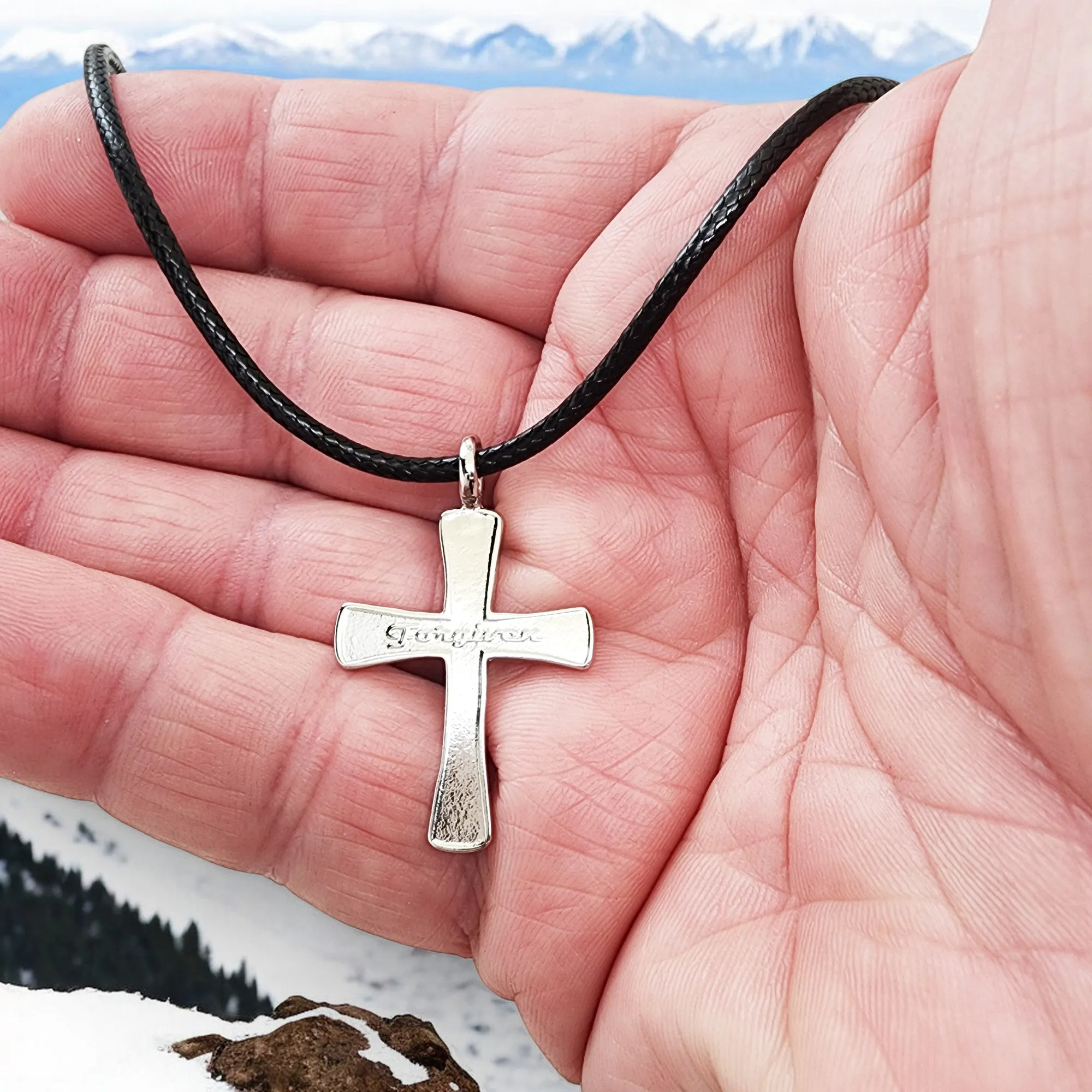 Forgiven Cross Rhodium Metal Finish Black Cord Necklace