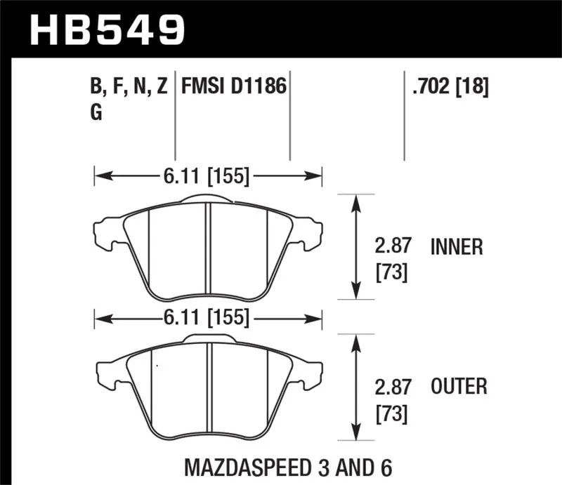 Hawk DTC-60 Race Front Brake Pads - 07-11 Mazdaspeed3 / 06-11 Mazdaspeed6 / 05-09 Volvo V50 - HB549G.702