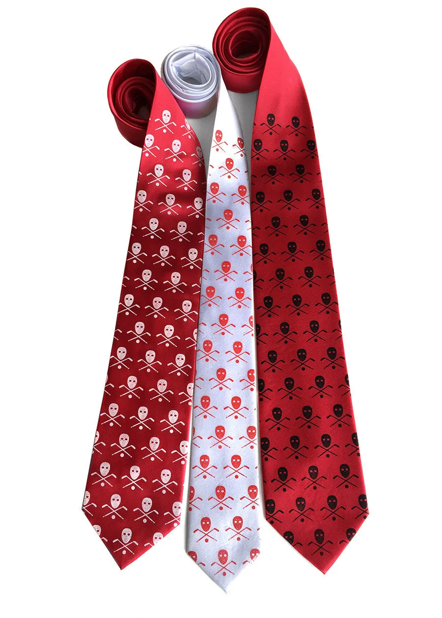 Hockey necktie. Stick, mask & puck print.