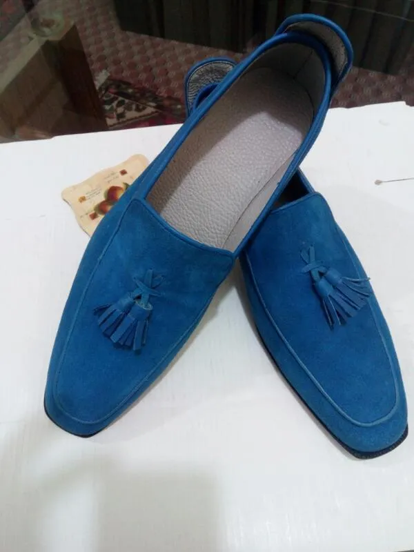 Men Handmade Original Suede Leather Moccasins, Men Blue Loafer, Men Tassel Shoes