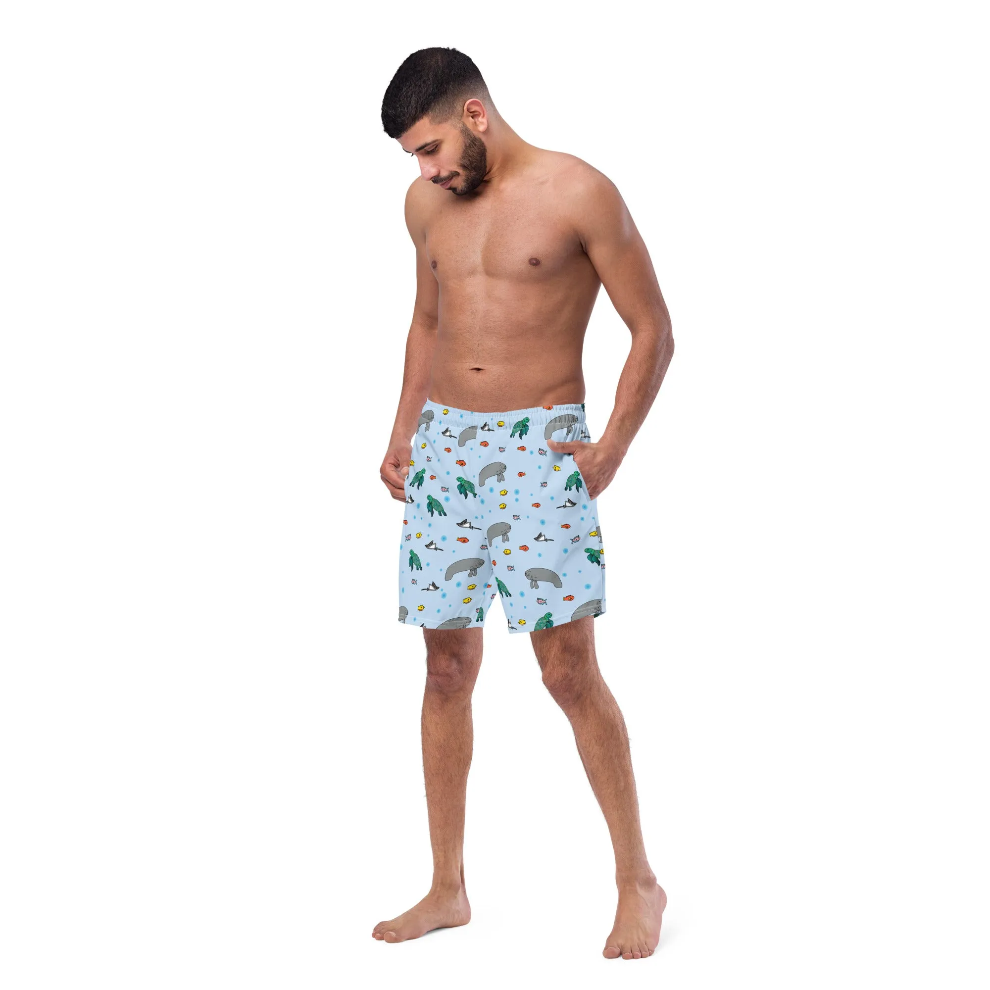 Men's Eco-Friendly Swim Trunks with Manatee and Turtle Print | Quick-Dry Fabric & UPF 50  Protection