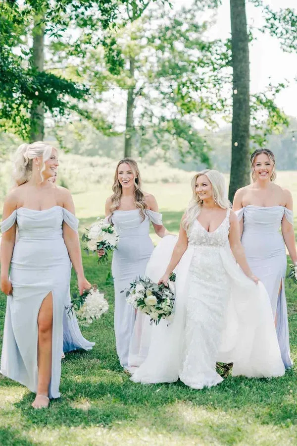 Off-Shoulder Pleated Light Blue Long Bridesmaid Dress with Split BD142