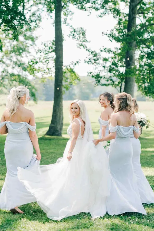 Off-Shoulder Pleated Light Blue Long Bridesmaid Dress with Split BD142