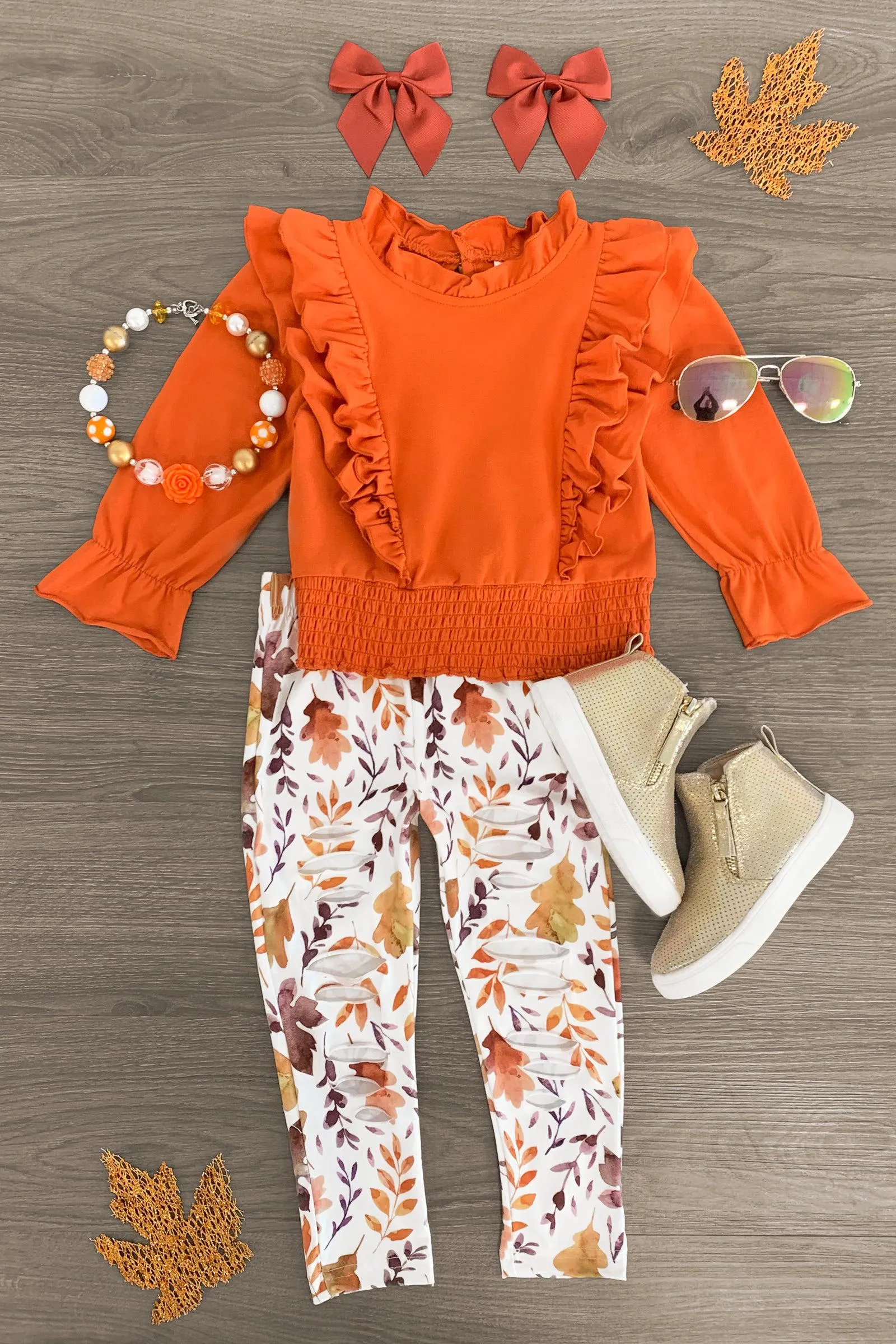 Orange Ruffle Fall Leaves Distressed Legging Set