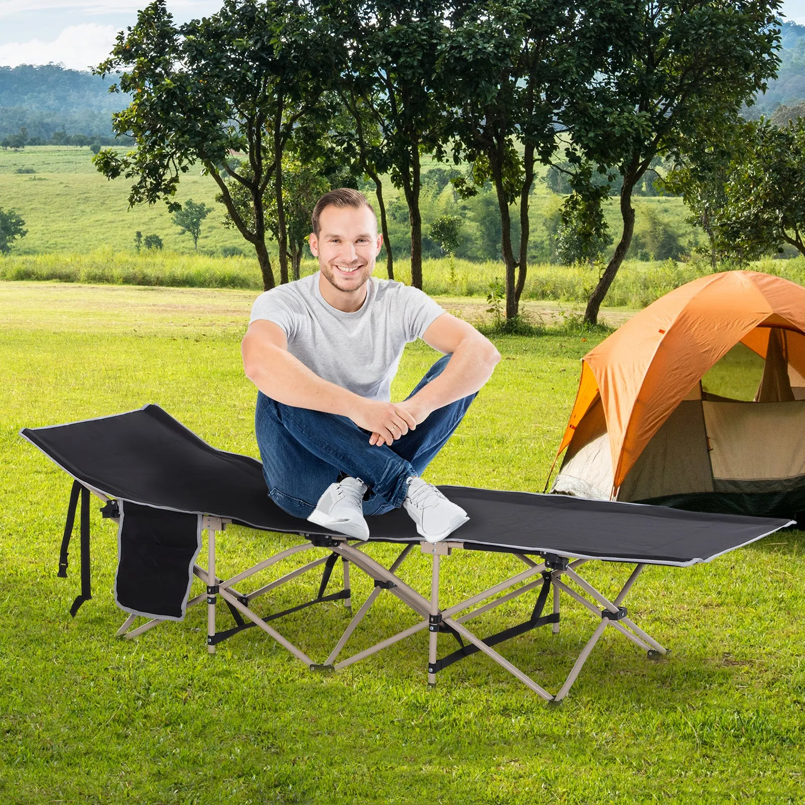 Outsunny Single Person Camping Bed Folding Cot Outdoor Patio Portable Military Sleeping Bed Travel Guest Leisure Fishing with Side Pocket and Carry Bag - Black