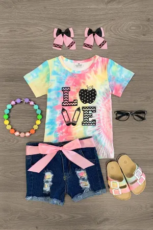 "LOVE" Pastel Tie Dye Distressed Denim Short Set