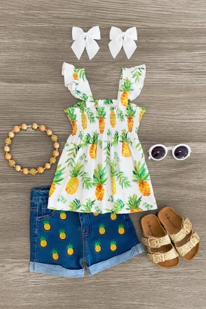 Smocked Pineapple Denim Short Set