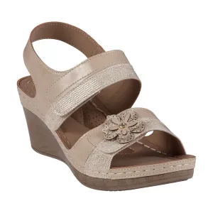 Tulip Velcro Gold Double Band Flower Wedge Sandals